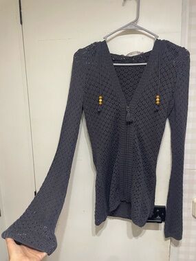 Athleta Organic Cotton Pointelle Knit Hoodie Cardigan Wood Beads S Y2K Boho Chic